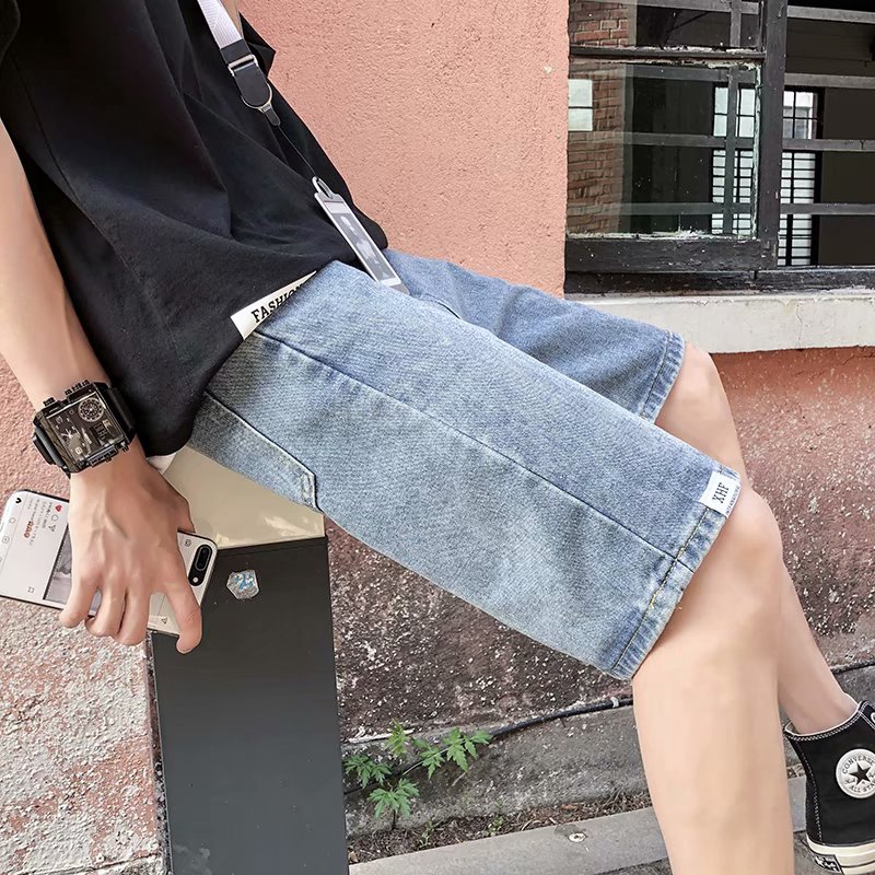 Quần denim ngắn ống rộng thời trang Âu Mỹ cho nam