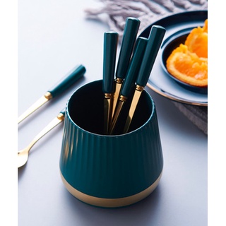 Combo cốc kèm 6 thìa dĩa mạ vàng cán sứ hoàng kim cao cấp
