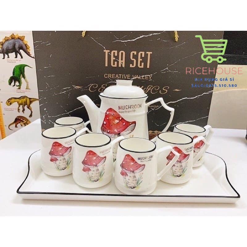 Sét 6 cốc, 1 ấm, 1 khay uống trà siêu đẹp-giao ngẫu nhiên
