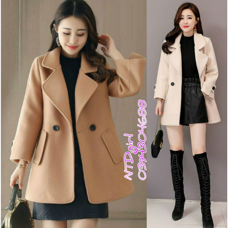 Hàng nhập - Áo khoác dạ len nữ form ngắn cổ vest 2 nút, áo blazer tay dài 2 túi trẻ trung