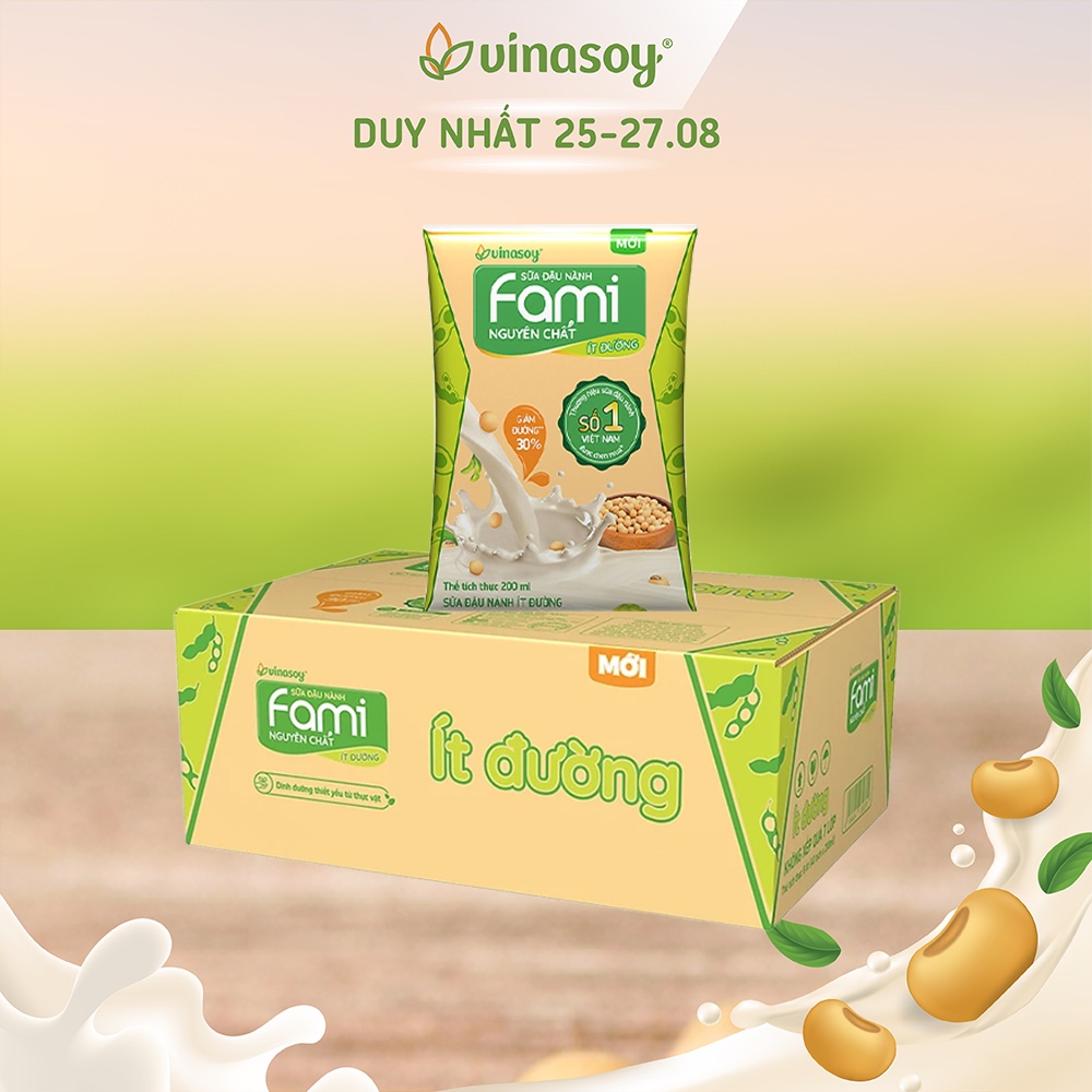 Thùng sữa đậu nành Fami Nguyên chất ít đường (40 bịch x 200ml)