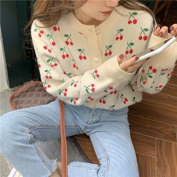 Áo khoác cardigan dệt kim dáng rộng họa tiết quả cherry phong cách hàn quốc thời trang cho nữ
