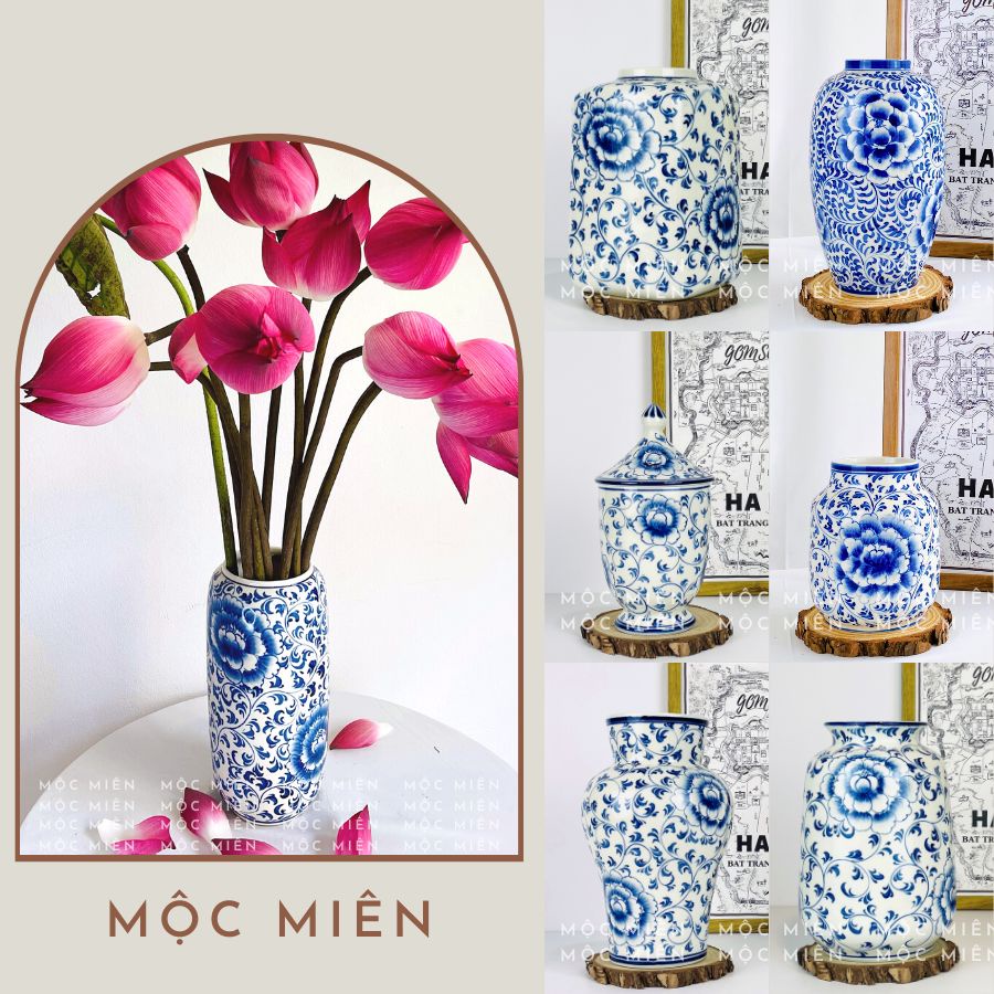Bình hoa gốm lọ hoa men trắng vẽ Hoa Dây decor trang trí, Mộc Miên, gốm sứ bát tràng