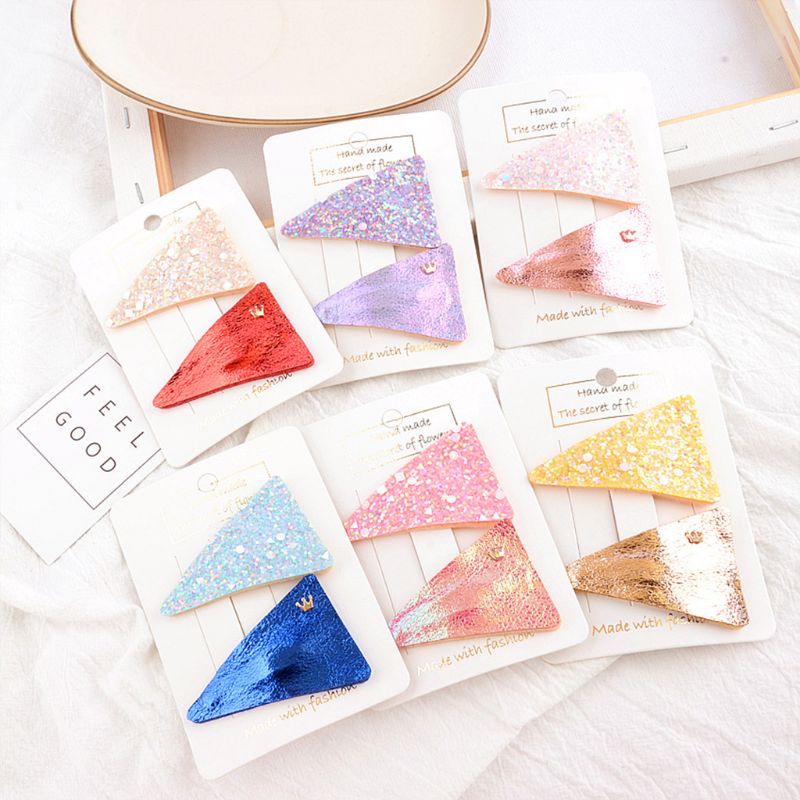 Set 2 Kẹp Tóc Da Giả Đính Kim Sa Lấp Lánh Cho Bé Gái