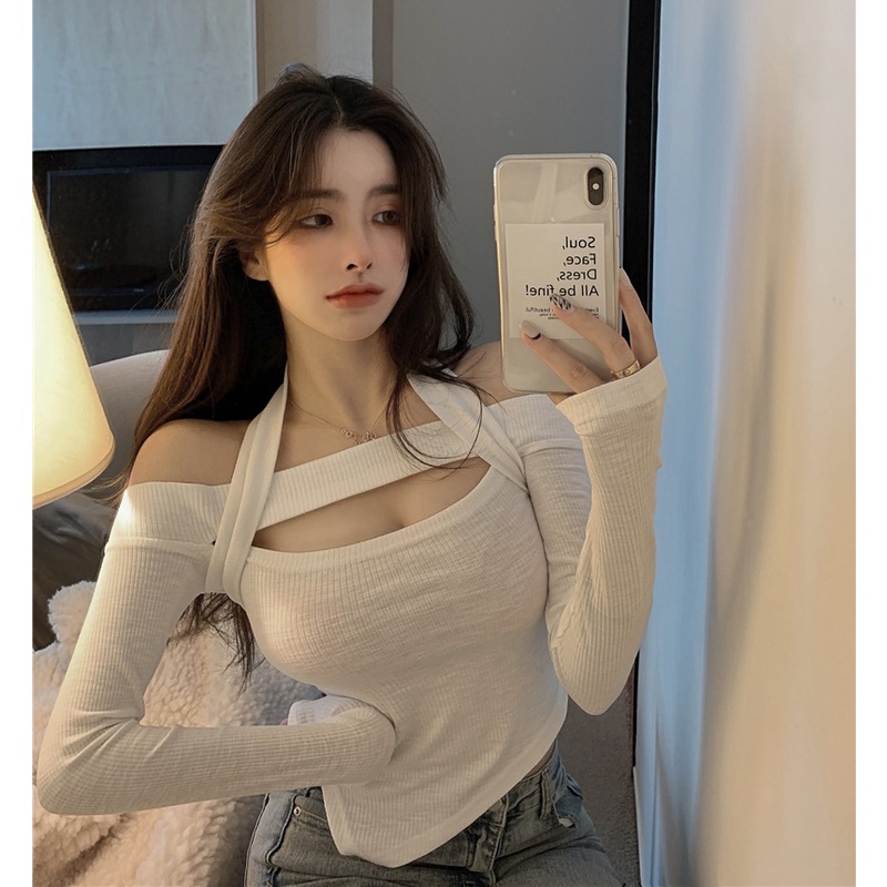 QKOOLE  Áo thun tay dài cổ tròn thời trang Hàn Quốc sành điệu cho nữ