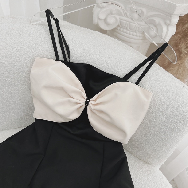 ĐẦM 2S ĐEN PHỐI NUDE NƠ NGỰC ĐÍNH NGỌC