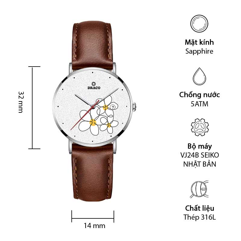 Đồng hồ nữ Draco D22-STN01 "Flower Garden" trắng kết hợp chất liệu dây da bò màu nâu - phụ kiện thời trang nữ nhẹ nhàn