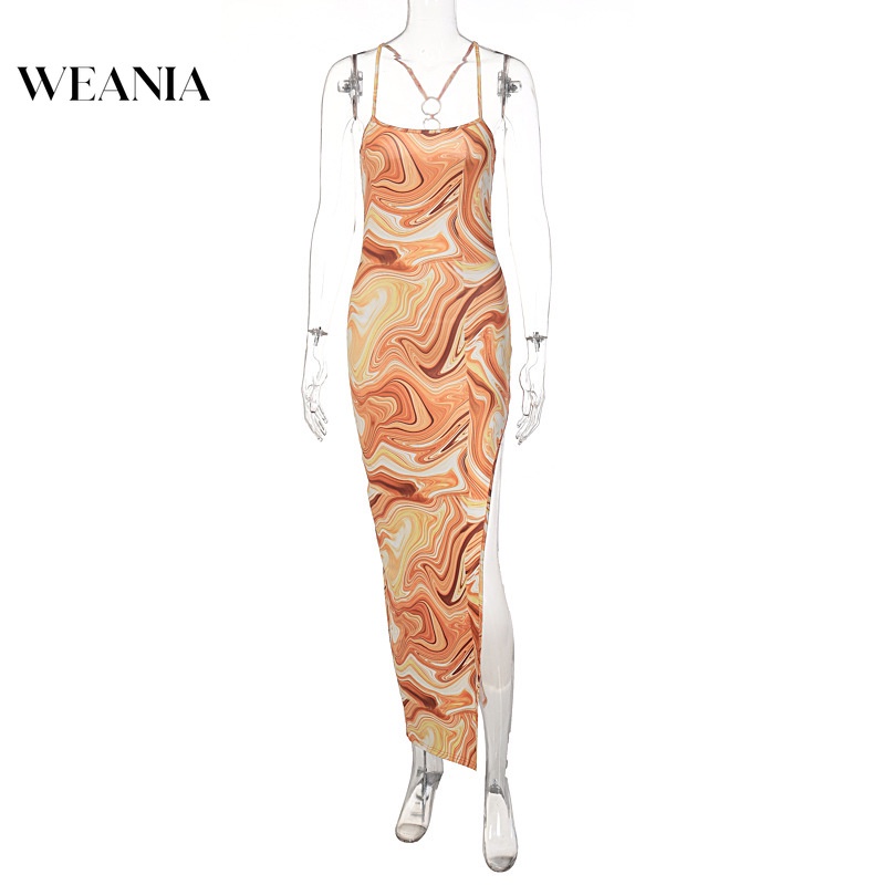 Đầm Dài Xẻ Tà Hở Lưng Họa Tiết In Thời Trang Mùa Hè Cho Nữ