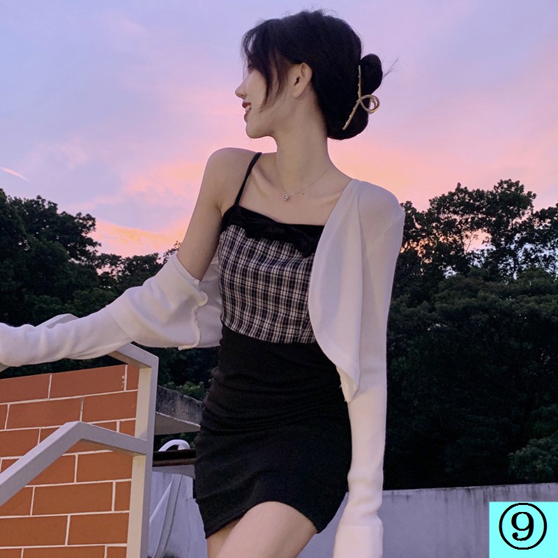 Áo Khoác Cardigan Dệt Kim Mỏng Chống Nắng Kèm Đầm Hai Dây Thời Trang Mùa Hè Dành Cho Nữ