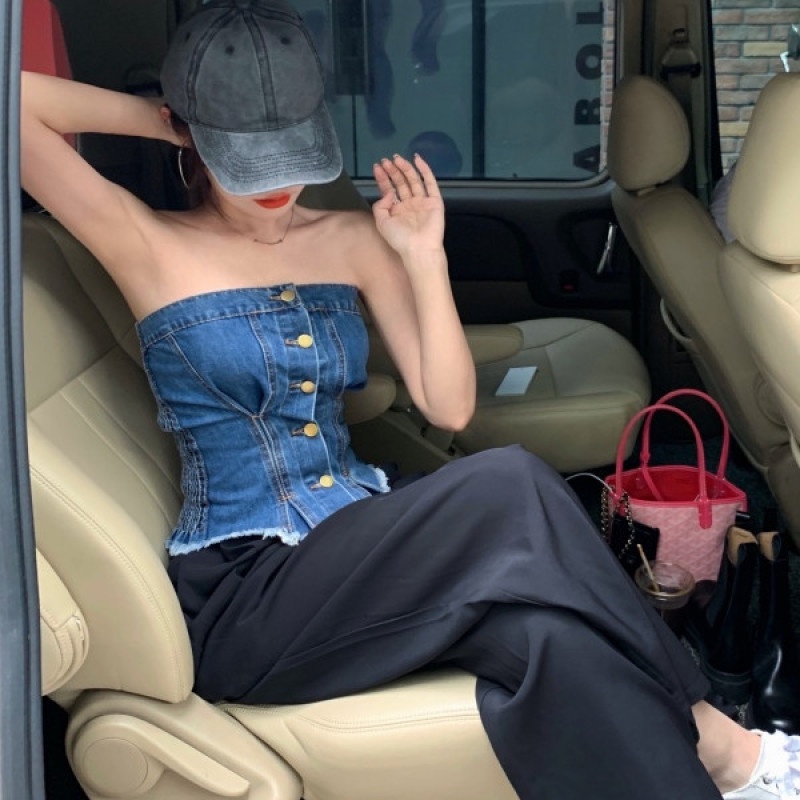 Áo Ống Ngắn Không Tay Vải Denim Thời Trang Mùa Hè Gợi Cảm Dễ Phối Đồ