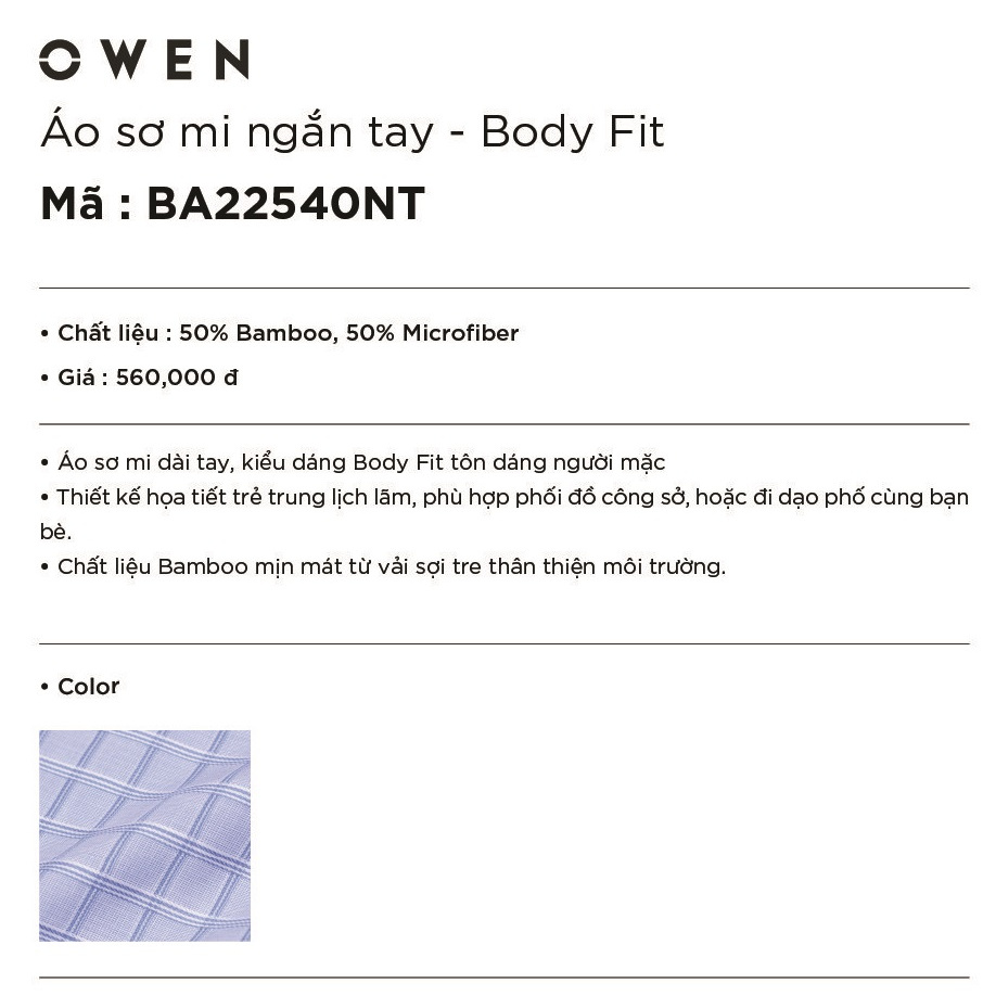 Áo Sơ Mi Nam Ngắn Tay Owen BA22540NT Sơ Mi Cộc Tay Công Sở Cao Cấp Màu Xanh Kẻ Caro Vải Sợi Tre Dáng Body Fit Tà Bằng