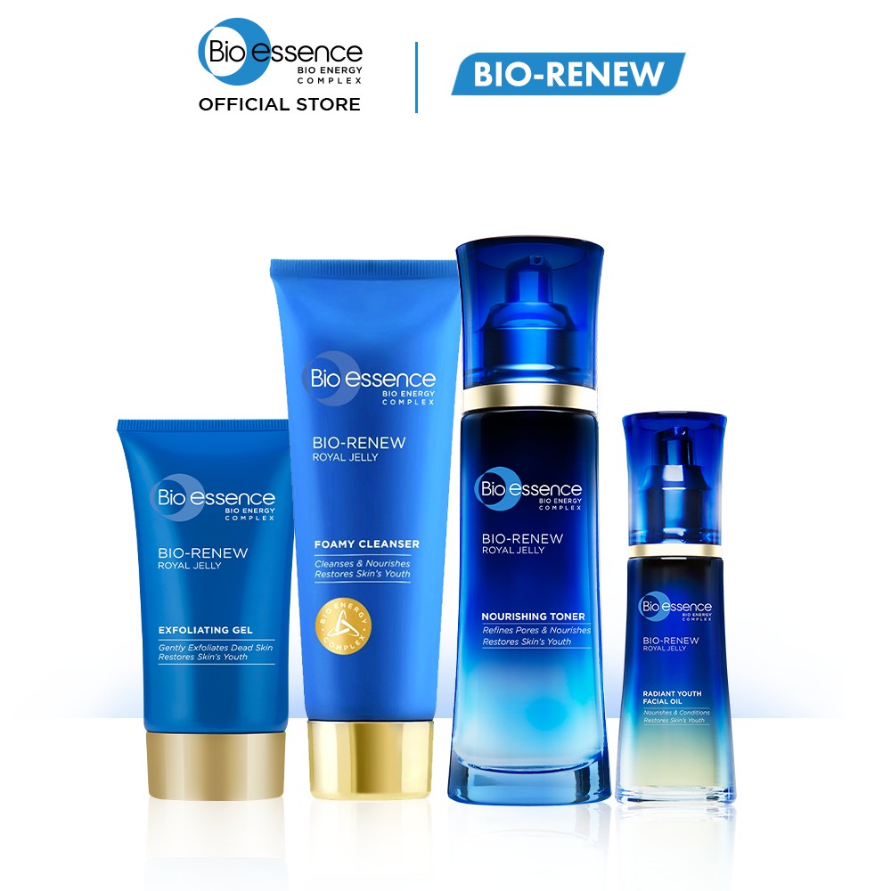 Bộ sản phẩm Bio-Essence Bio-Renew (Gel tẩy tế bào chết 60gr + Sữa rửa mặt 100gr + Nước cân bằng 100ml + TInh chất 40ml)