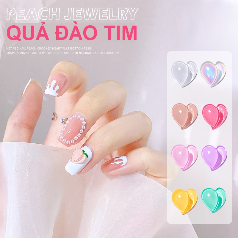 Set 5 Đá Quả Đào Trái Tim Thạch 5D Nổi Đáng Yêu | Trang Trí Móng Tay