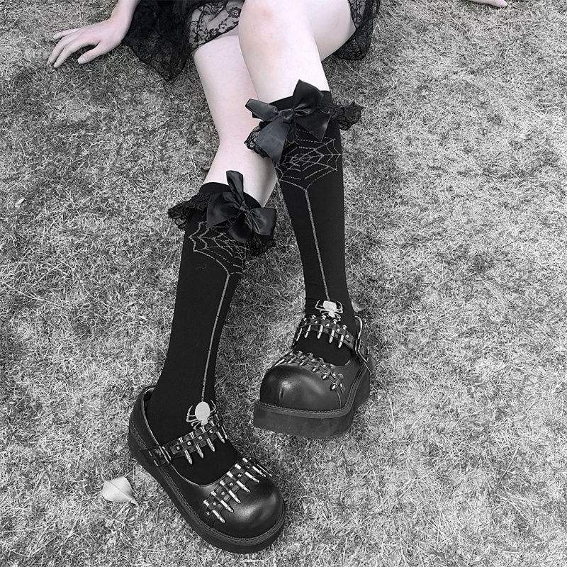 Vớ dài dệt kim phối ren đính nơ màu đen phong cách Gothic Punk Halloween hóa trang Lolita Nhật Bản thời trang dạo phố | BigBuy360 - bigbuy360.vn