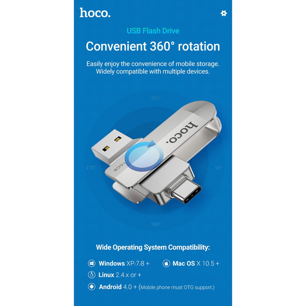 USB 3.0 OTG Hoco UD10 32GB / 64GB cổng TypeC và USB 3.0 - Vỏ kim loại cực đẹp (Bạc) - Hãng phân phối