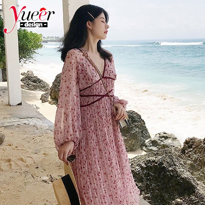 Đầm Voan Hoa Dài Qua Gối Cổ Chữ V Size S-4Xl