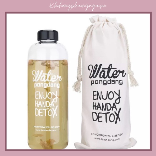 Bình nước Detox đẹp " Water Pongdang" 1000 ml ( màu trong suốt ) - Kèm 1 Túi Vải
