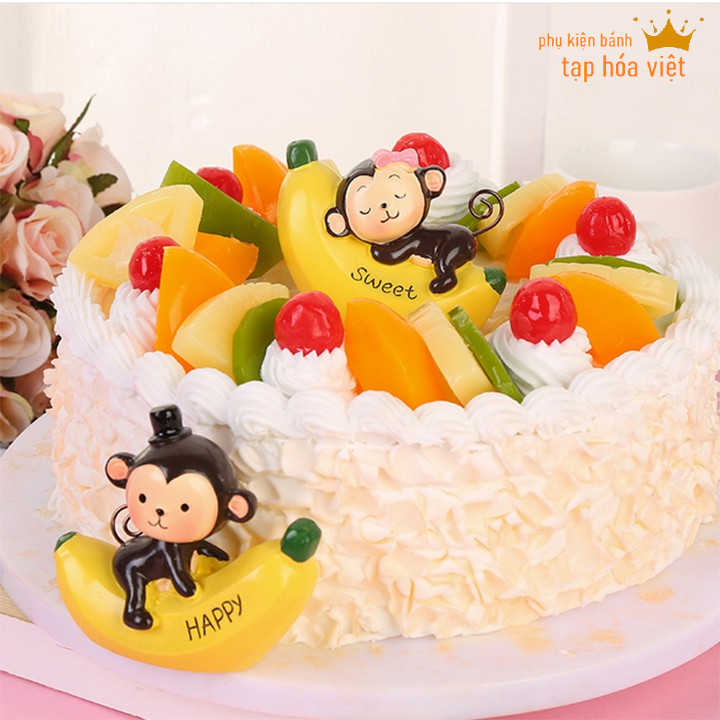 Bộ 2 con khỉ ôm chuối trang trí bánh sinh nhật, khỉ trang trí bánh