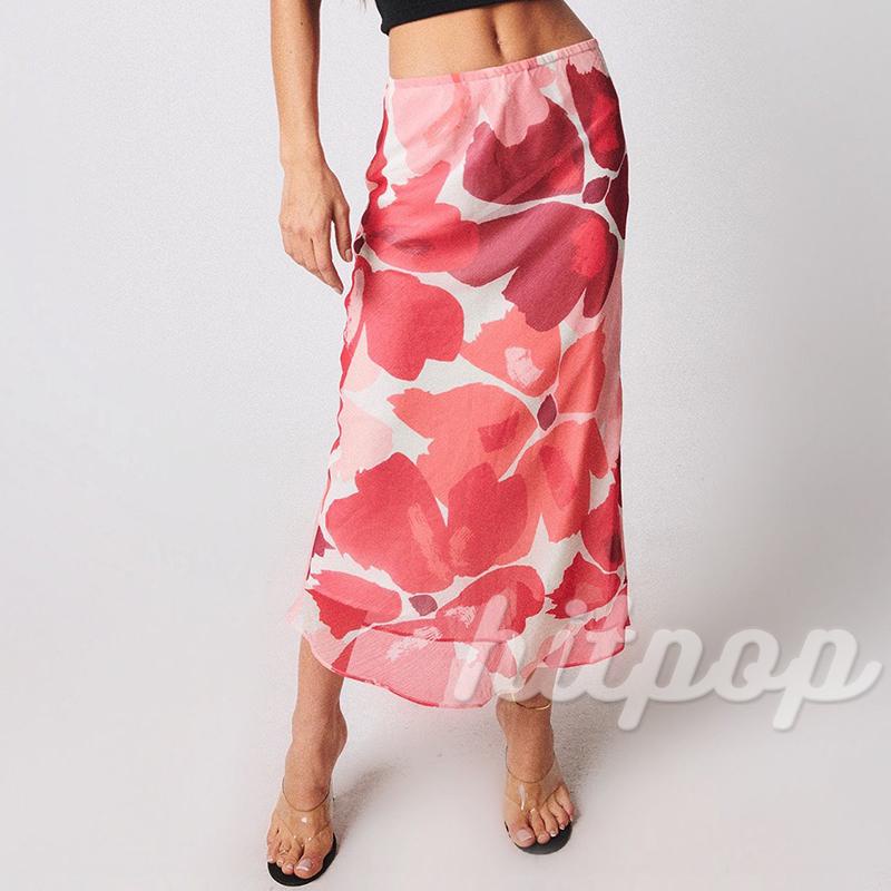 Hitpop-Women Fashion Mid-Length Skirt Leopard Floral Print Elastic Waist Skirt Summer Casual Chic Pencil Skirt