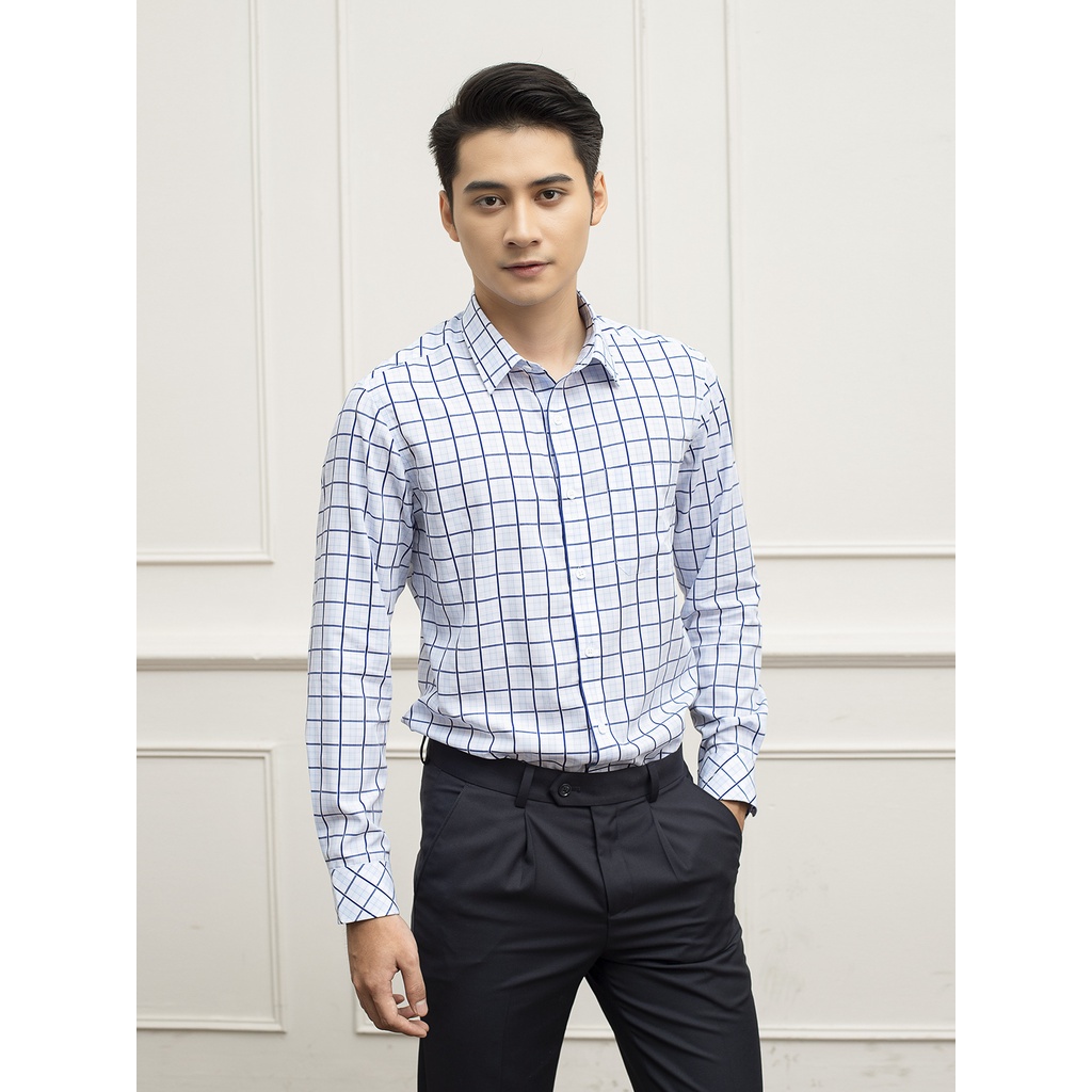 Áo sơ mi nam dài tay Aristino họa tiết kẻ caro xanh thời thượng, chất vải mềm mại, thoáng khí - ALS27409