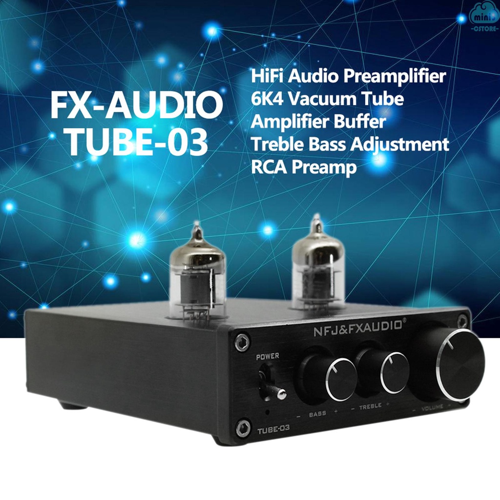 (V06) FX-AUDIO TUBE-03 Mini HiFi Audio Preamplifier 6K4 Vacuum Tube Amplifier Buffer Treble Bass Adjustment RCA Preamp Silver EU Plug