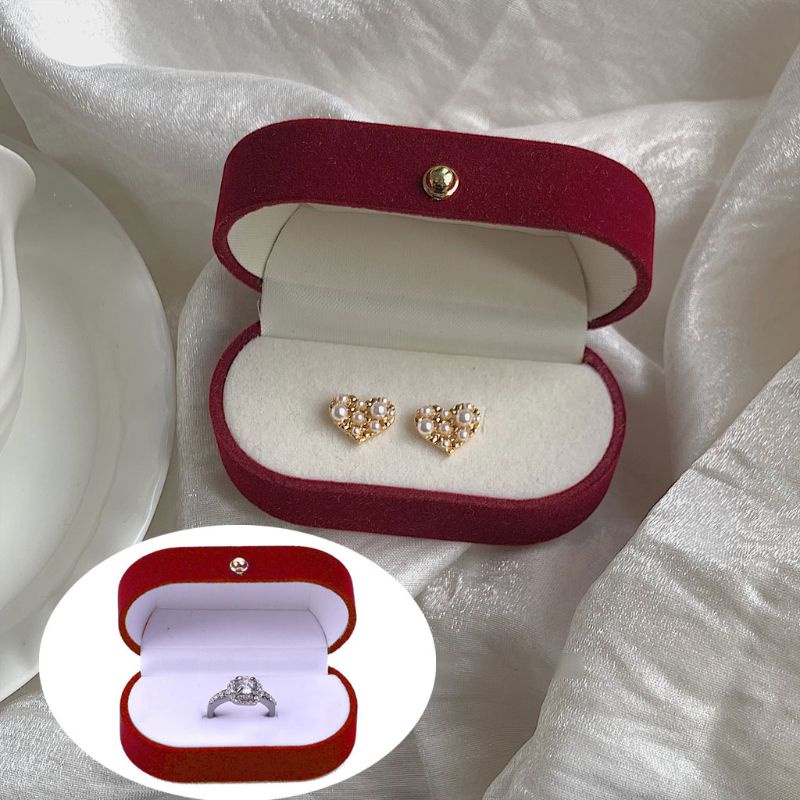 Flgo Hộp Đựng Trang Sức Hình Oval Bằng Nhung Màu Đỏ Sang Trọng Kèm Hai Túi Đựng