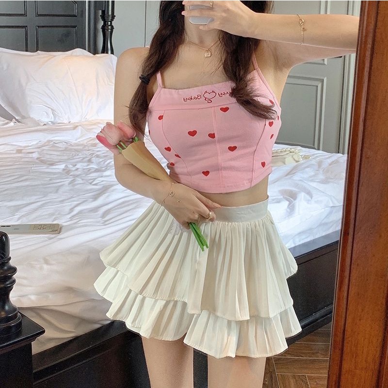 [Order] (S)Set Váy xếp ly áo croptop mặc hè màu trắng hồng. Áo croptop 2 dây tim đỏ + Chân váy xếp ly 2 tầng loại đẹp.