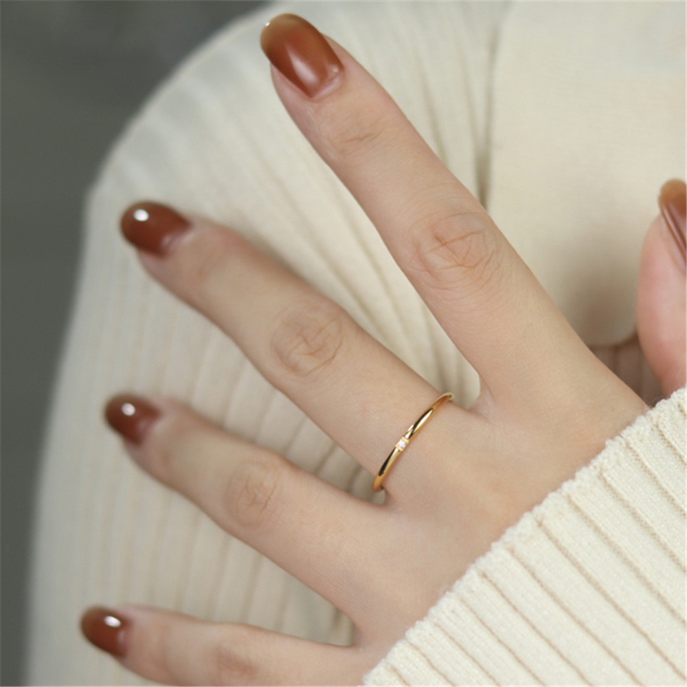 Nhẫn Thép Titan Siêu Mỏng Đính Kim Cương Giả Đơn Giản Thời Trang Hàn Quốc Cho Nữ