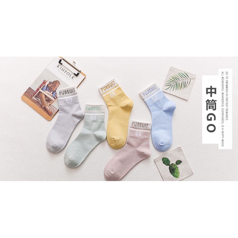 Set 5 đôi tất cổ cao Bivota vớ nữ họa tiết chữ PUSH GO cá tính T19