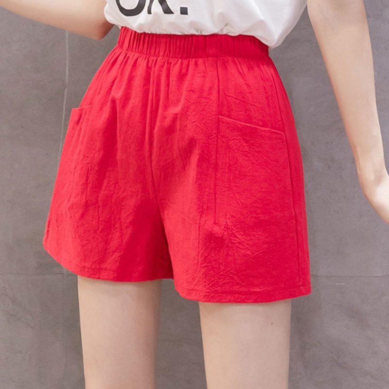 Quần Short Linen Cotton Lưng Cao Co Giãn Màu Sắc Trơn Ống Rộng Có Túi Dành Cho Nữ