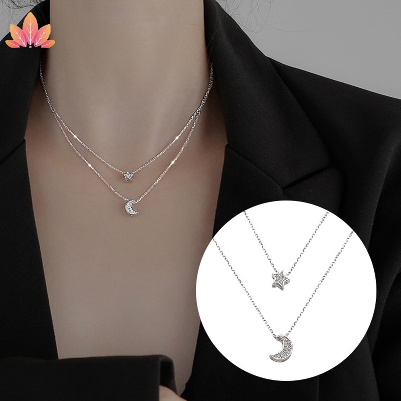 Vòng cổ hai lớp bằng bạc hình mặt trăng ngôi sao thanh lịch JP5