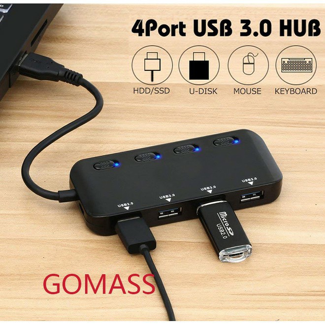 Hub chia cổng USB 3.0 Ultra Slim tốc độ cao 4 cổng có công tắc hub chi cổng usb 1 ra 4