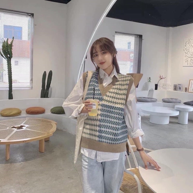 Áo Gile Len Nữ Cổ V Hoạ Tiết Vintage siêu Cá Tính GL001