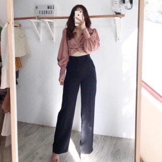 Combo quần đen suông áo phông kẻ