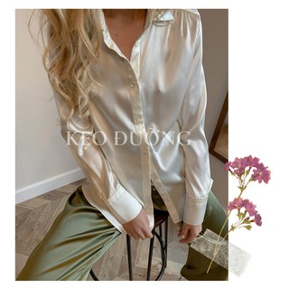 Áo sơmi form rộng công sở lụa satin trơn basic tay dài xếp ly vai cổ đứng phong cách ulzzang