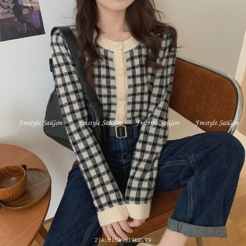 Áo len croptop dệt kim họa tiết caro tay dài cổ tròn phong cách hàn quốc 21ALU10A961902 | BigBuy360 - bigbuy360.vn