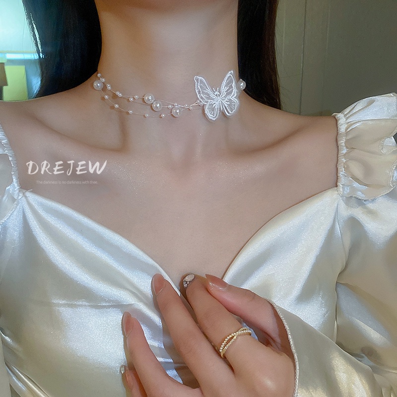Dây chuyền DREJEW mặt hình bướm đính ngọc trai phong cách thời trang Hàn Quốc