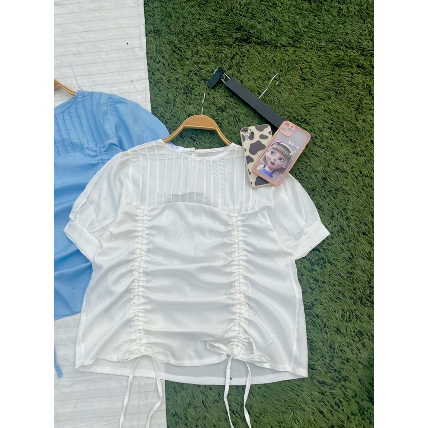 áo sơ mi kiểu rút eo cổ tròn tay ngắn | BigBuy360 - bigbuy360.vn