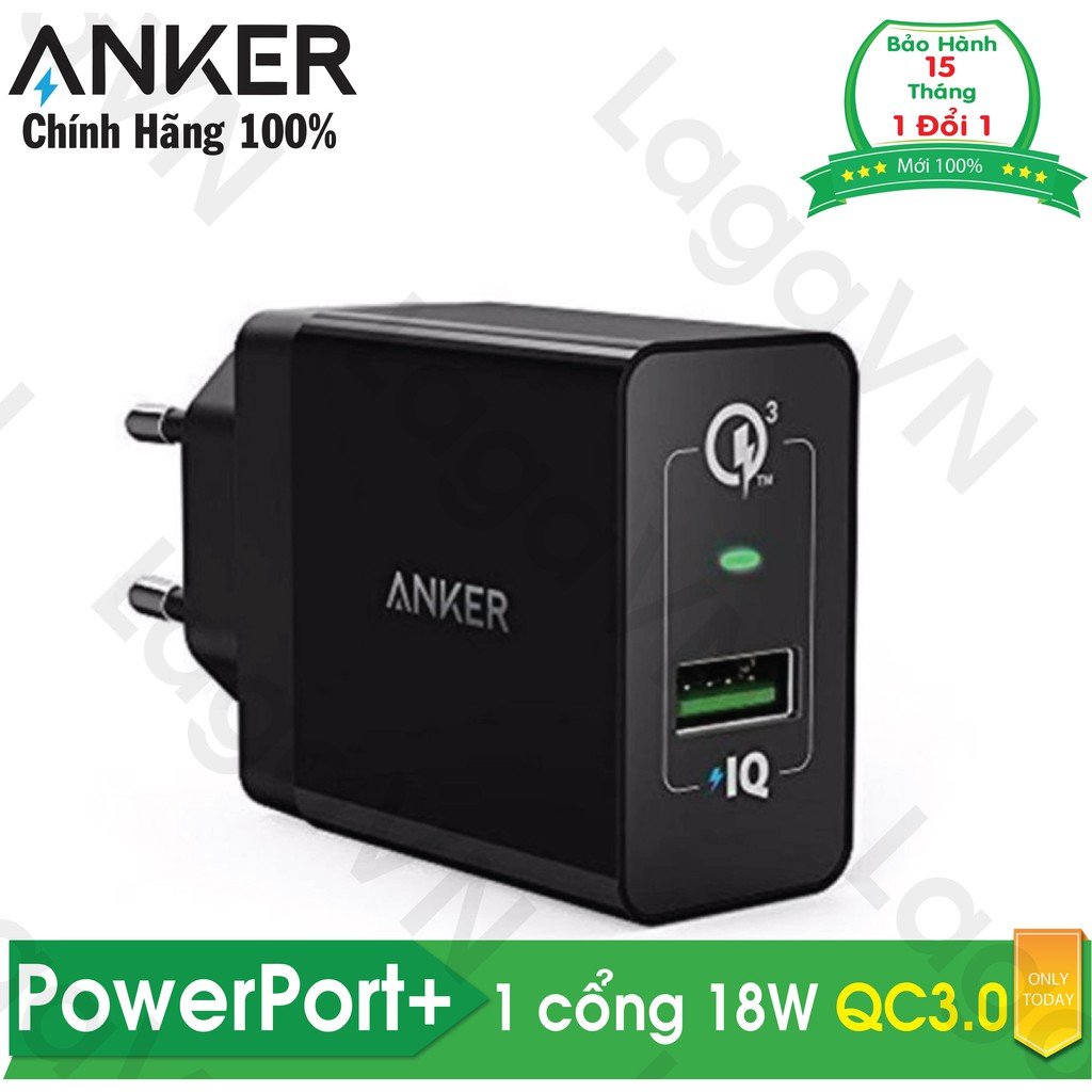 Sạc ANKER PowerPort+ 1 18w Quick Charge 3.0 PowerIQ chân tròn - A2013 - Hãng phân phối chính thức