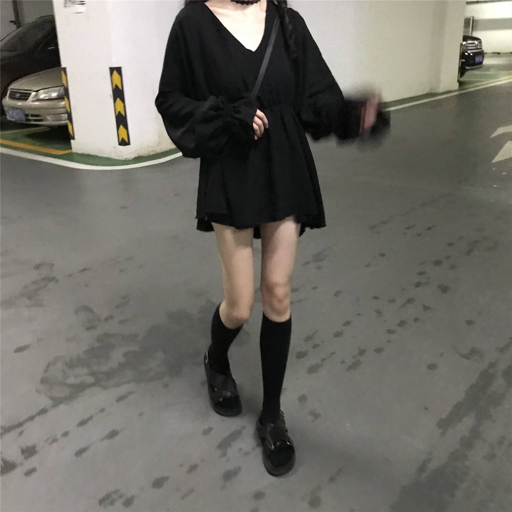 Xiaozhainv Váy tay dài bằng cotton cổ chữ V phong cách Hàn Quốc hợp thời trang cho phái nữ | BigBuy360 - bigbuy360.vn