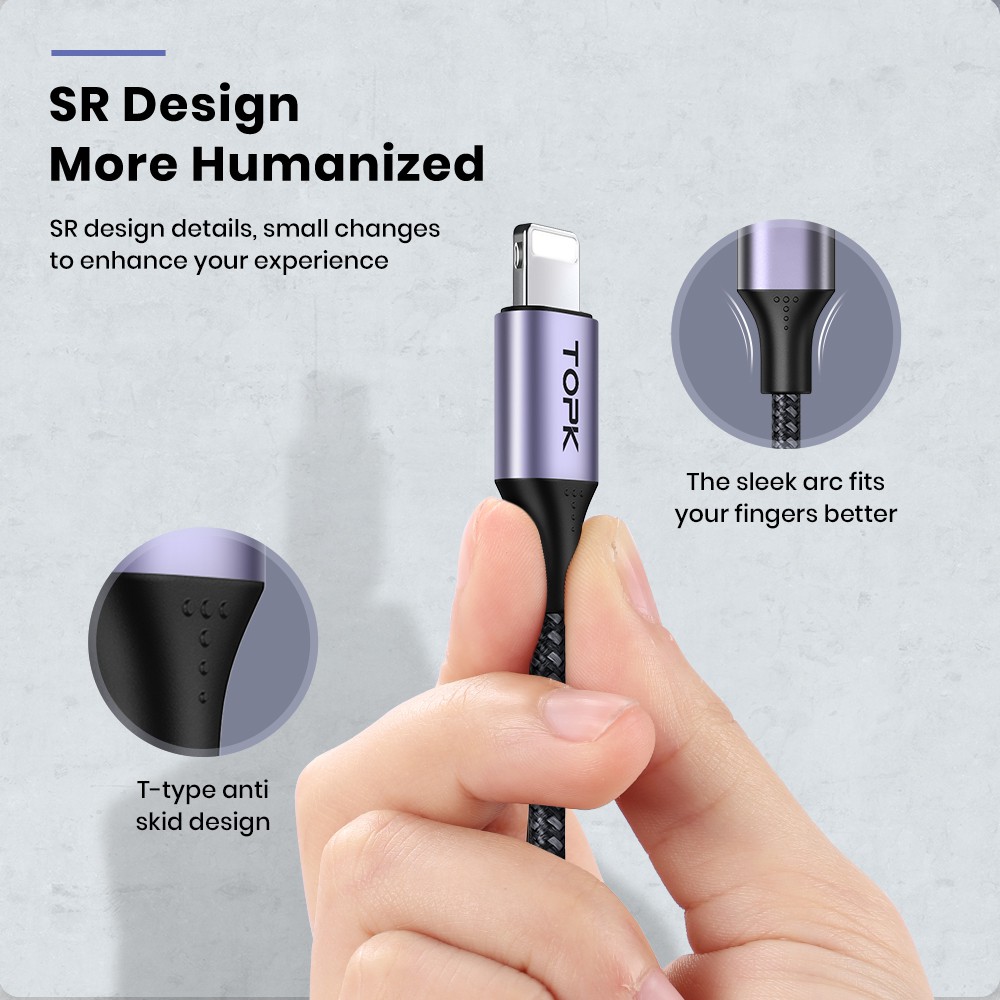 Dây cáp sạc TOPK AP15 20W PD dây bện chất lượng cao thích hợp cho iPhone 13 12 11 Pro Max XR X 8 7 6 Plus iPad