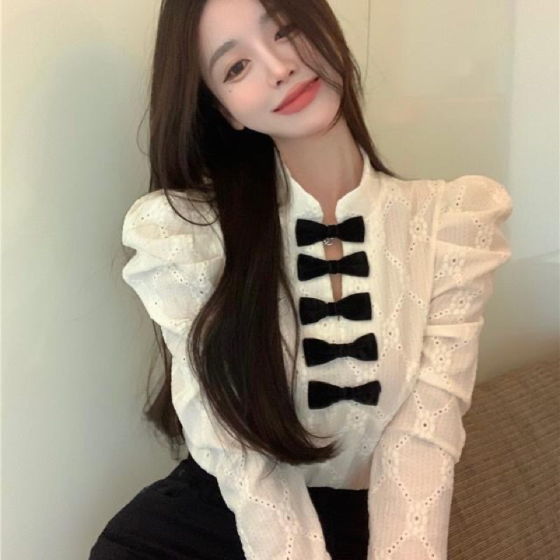 Áo sơ mi  nữ thiết kế cổ  Nơ sơ mi ren phong cách nhật bản Kèm ảnh thực tế