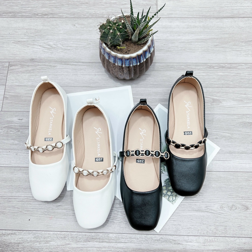 Giày búp bê nữ mary jane quai ngang gắn xích tròn đế bệt da mềm phong cách vintage HIBEE