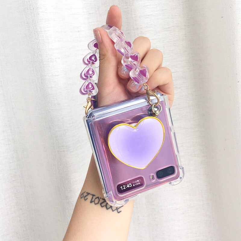 Bao Da Điện Thoại Nắp Gập Trong Suốt Có Túi Khí Và Dây Đeo Tay Hình Trái Tim Dễ Thương Cho samsung galaxy z flip 4g 5g z flip3
