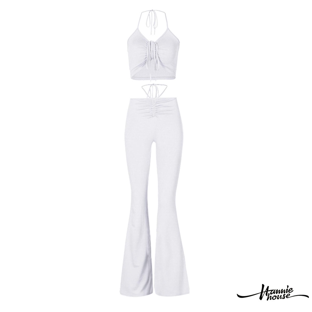 Set Áo Cổ Yếm Và Quần Dài Ống Loe Lưng Cao Thời Trang Dành Cho Nữ