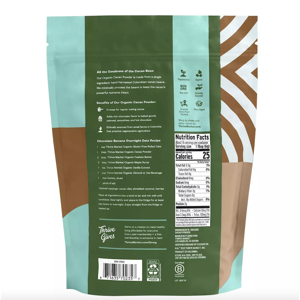 BỘT CACAO HỮU CƠ Thrive Market, Regeneratively Grown Organic Cacao Powder, 454g