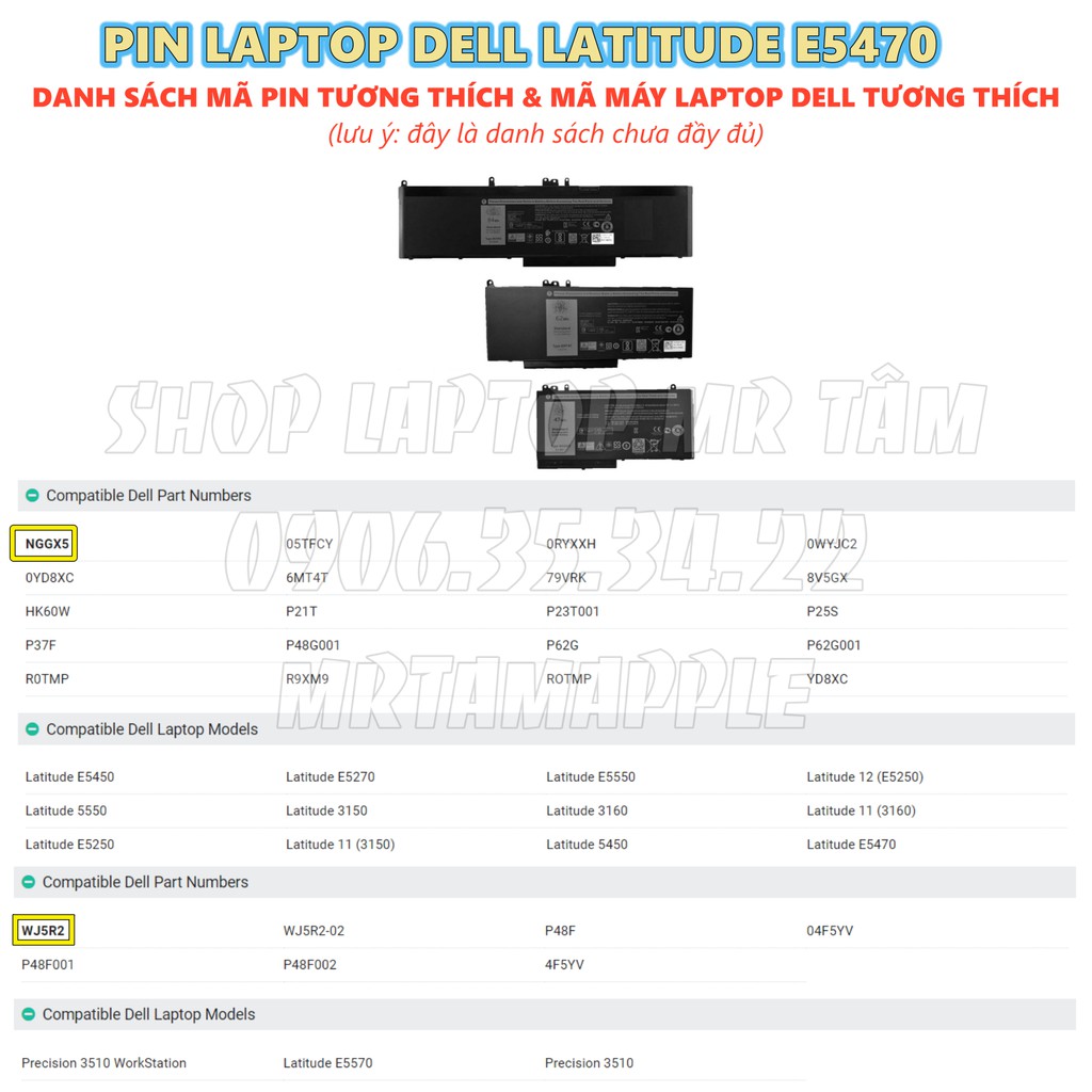 Pin Laptop DELL LATITUDE E5470 (ZIN) - 3 CELL 4 CELL - Latitude E5270 E5470 E5570 Precision 15 3510