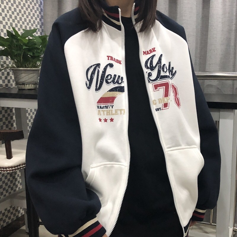 ÁO KHOÁC RAPLAN NEWYORK 78 - ÁO KHOÁC NỈ TRẮNG TAY PHỐI ĐEN BO VIỀN ULZZANG