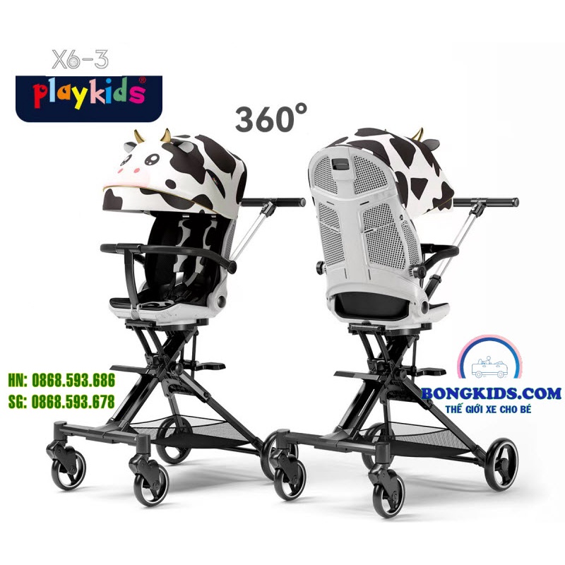 Xe đẩy gập gọn cao cấp Playkids X6-3, đẩy 2 chiều 3 tư thế ngồi, ngả, nằm cho bé từ sơ sinh - 6 tuổi, dáng xe cao