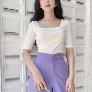Áo thun cổ vuông tay lỡ thun cotton 100% thoáng mát